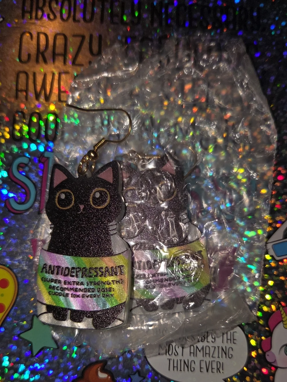 Black Cat Novelty Earrings with Rainbow Label - Pets Cat Accessory